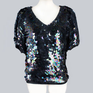 Black Sequin Designer Oleg Cassini Top Blouse
